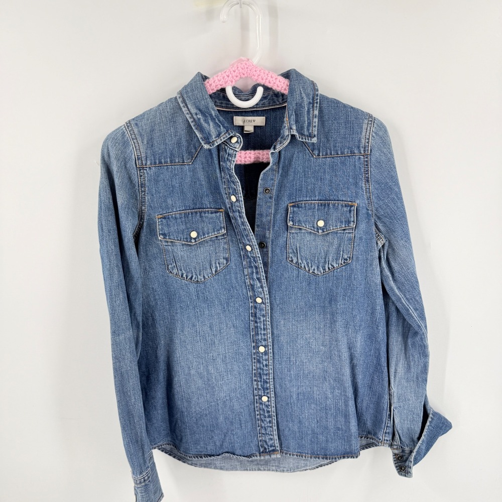 J. Crew Denim Western Chambray Shirt Blue 4 Pearl Snap Buttons Coastal Cowgirl